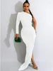 Casual Dresses Kexu One Long Sleeve Ruched Side High Split Maxi Sexig Night Dress Asymmetical Women Party Prom Vestidos de Verano Mujer