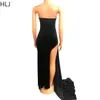 Casual Dresses HLJ Autumn Sequined High Slit Evening Party Dress Ruched Bodycon Tube Axelitless Elegant Sexy Birthday Club Outfit