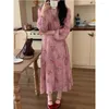 Casual Kleider Französisch Stil Elegante Frauen Rosa Lange Blumendruck Einteilige Spitze Up Weiche Vestidos Weibliche Frühling Sommer Retro kleider