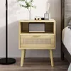 Smuxee Natural Rattan Nightstand Drawer, Boho Large Bedside with Open Shelf, Wood Side Table for Bedroom, Study Room