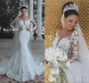 2024 Blanco Últimos vestidos de novia vintage de sirena con cuello redondo Mangas largas Apliques con cordones Vestidos de novia para novia Vestidos de novia