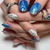 False Nails Almond Fake Nail For Women Moon Star Leaf Silver Lines Design With Glitters And Girls Decoration