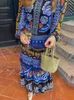 Casual Dresses Elegant Print Patchwork Maxi Dress For Women Fashion Mid Neck Long Lantern Sleeve Loose Vacation Beach Lady Robes