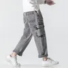 Męskie dżinsy mocne dżinsowe letnie spodni z elastycznymi sznurkiem w talii multi kieszenia projekt prosto na streetwear