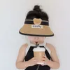 어린이의 여름 검은 접착제, UV 및 Sun Protection 소녀의 빈 상단 밀짚 모자, 큰 챙, 귀여운 작은 곰 모자