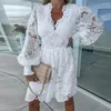 Casual Dresses Ladies Dress Elegant Lace A-line Midi With V Neck Long Sleeves For Women Feminine Fall Fashion Double Layers High