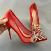 Geklede schoenen Bling Crystal Luxe Mesh Rode Bruiloft Stiletto Hoge Hakken Slip-on Dames Pompen met Puntige Neus