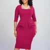 Casual Dresses Elegant Bodycon For Women Square Neck Full Sleeve Sheath Solid Package Hips Mid Calf Professional Business Work Dress OL