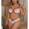 Fat MM Diversão Roupa Interior Anel de Aço Bordado Flor Três Pontos Sexy Conjunto de Renda Transparente 8511 153194