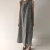 Robes décontractées 2024 Été Femmes Plaid Imprimé Longue Robe O-Cou Sans Manches Maxi Femme Lâche Vacances Vacances Robes