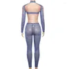 Tweedelige broek voor dames Digitale 3D-geprinte mesh-sets Damesoutfits 2024 Lente Mode Blauw Crop tops met lange mouwen Slim Fit Street chic