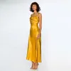 Casual Dresses Summer Gold Satin Dress Slip Swing Neck Backless Elegant Party for Women 2024 Formell tillfälle Evenning