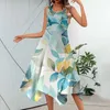 Casual Dresses Women's Summer Floral Print ärmlös klännings näsduk Hem Maxi Tank Top V Neck Tie Midjan Skjorta