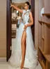 Modern A line Wedding Dresses High Neck Keyhole Sleeveless Bridal Custom Made Crystal Beads Side Split Open Back Floor Length3101304