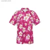 メンズカジュアルシャツメンズハワイアンシャツクールピンクマンビーチフラワーズプリント半袖夏のカジュアルボタンアップトップ3DシャツL240320