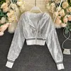 レディースジャケットファッションインスパンコールコート女性2024春/夏のブライングフード付き韓国語スリムフィットショートカーディガンブレザートップ