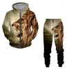 Survêtements pour hommes printemps et automne impression 3D animal lion chemise à glissière ensemble pour décontracté couleur unie polyvalent pull de sport de rue