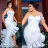 2024 Afrikanisches Meerjungfrau-Hochzeitskleid für die Braut Plus Size Brautkleider Illusion One Shoulder Asymmetrisches Perlen-Spitze-Hochzeitskleid für Nigeria Schwarze Frauen Mädchen D187