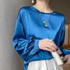 Women's T-Shirt 2024 Spring Loose Womens Shirt Solid Office Womens Top O-neck Long sleeved T-shirt Satin Lantern Cuff Womens Clothing 240322