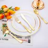 Party Decoration 25Guest Golden Rose Gold Plastic Cutary Set Crystal Clear Cutery-Set Dinner Knife Fork Födik Födelsedagshushåll