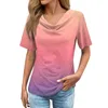 Women's T Shirts 2024 Retro Gradient Print T-Shirt Summer Short Sleeve Pile Collar Top Casual Versatile Streetwear Blusa