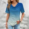 Women's T Shirts 2024 Retro Gradient Print T-Shirt Summer Short Sleeve Pile Collar Top Casual Versatile Streetwear Blusa