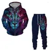 Men's Tracksuits Spring And Autumn 3D Printing Animal Lion Zipper Shirt Set For Casual Solid Color Versatile Street Sports Sweater