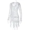 Robes décontractées Blanc Volants Ruban Mini Robe En Dentelle Femmes Sexy Plongeant Col En V À Manches Longues Moulante Fête Clubwear Anniversaire Plage Tenues