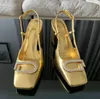 Women's wedding sandal high heels Golden thick heel sandal summer Crystal letter buckle Ankle Strap sandal women's casual shoes