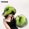 Fashion Women Faux Fur Bucket Hat Handbag Set Fluffy Raccoon Dome Big Brim Chain Clutch Girl Cap Cute Furry Warm 240318