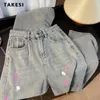 Damesjeans Koreaanse Y2K jaren 2000 wijde pijpen baggy denim broek vintage casual hoge taille broek straat printen recht