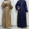 Roupas étnicas Luxo Lantejoulas Mulheres Muçulmanas Maxi Vestido Eid Furry Abaya Ramadan Dubai Turquia Kaftan Cinto Robe Islâmico Vestido Caftan