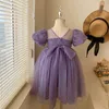 Girl's Dresses New Girl Party Dress Summer Elegant Princess Dress Purple Mesh Dress 1-9 Year Old Childrens Bow Birthday Party Dress 24323