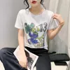 2024 NOWOŚĆ SAM SUMINY KOREBALNE T-shirt Modna Moda Seksowna O-Neck Shining Diamond Letter Women Top T-shirt z krótkim rękawem 240323