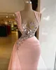 Plus Size Arabic Aso Ebi Pink Luxurious Sheath Prom Dresses Beaded Crystals Lace Evening Formal Party Second Reception Birthday Gowns Dress