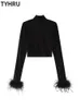 TYHRU Womens Basic Black T-shirts Ladies Turtleneck Crop Tops Fit Skinny Tops Long Sleeve Ostrich Feather Streetwear Outfits 240313