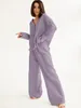 Linad Khaki Pure Cotton Sleepwear V Neck Single Breasted Wide Leg Pants byxa Suits Drop Set Set Woman 2 Pieces Loungewear 240321