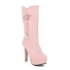 Boots Autumn And Winter Fashion Zipper Crystal Flower Thick Heel High Middle Tube Women's 10cm Plus Size 35-43