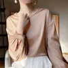 Women's T-Shirt 2024 Spring Loose Womens Shirt Solid Office Womens Top O-neck Long sleeved T-shirt Satin Lantern Cuff Womens Clothing 240323