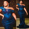 2024 ASO EBI Dark Navy Florals Mermaid Prom Dress Pissinerad lyxig kväll Formell Party Second Reception 50th Birthday Engagement Gowns Dresses Robe de Soiree ZJ