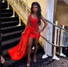 Red Mini Cocktail Dresses With Side Train Sweetheart One Shoulder Lace Appliques Beads Aso Ebi Mermaid Party Prom Dress