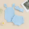 Ensembles de vêtements Born Baby Girl Tenues d'été Couleur unie côtelée sans manches barboteuse body top et short à volants bandeau ensemble 3 pièces