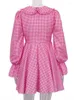 Casual Kleider Rosa Kurzes Kleid Frauen Vintage Plaid Langarm Damen Elegante V-ausschnitt Plissee Mini Weibliche Karierte Party Vestidos