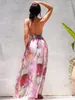 Robes décontractées 2024 rosée dos imprimé dame longueur de plancher robe femmes sexy style de vacances longue sans manches profonde v
