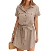 Casual Dresses Solid Color Shirt Dress V-neck V Neck Button Down With Belted Pocket Women's Summer Short For Streetwear