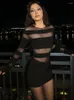 Casual Dresses Mozision Sheer Striped Sexy Mini Dress For Women 2024 Fashion Patchwork Long Sleeve Bodycon Club Party Elegant