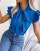 Women's T Shirts Fashion Blouses Tie Neck Puff Sleep Top 2024 Summer Latest Casual Commuter Solid Color Simple Short Daily T-Shirt