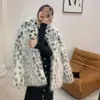 Outono/inverno novo casaco de grama de pele de raposa falsa feminino comprimento médio moda jovem padrão de leopardo bobcat