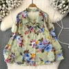 Kvinnors blusar Bow Floral Print Turn-Down Collar Lantern Sleeve Blusas Single Breasted Button elegant blus Summer Drop