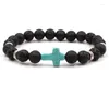 Charme Pulseiras 15 pcs Cruz Azul Frisado Homens 8mm Preto Lava Stone Beads Pulseiras Para Mulheres Yoga Jóias